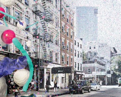 A photo of a city street with over large bits of microplastics overlaying the image.